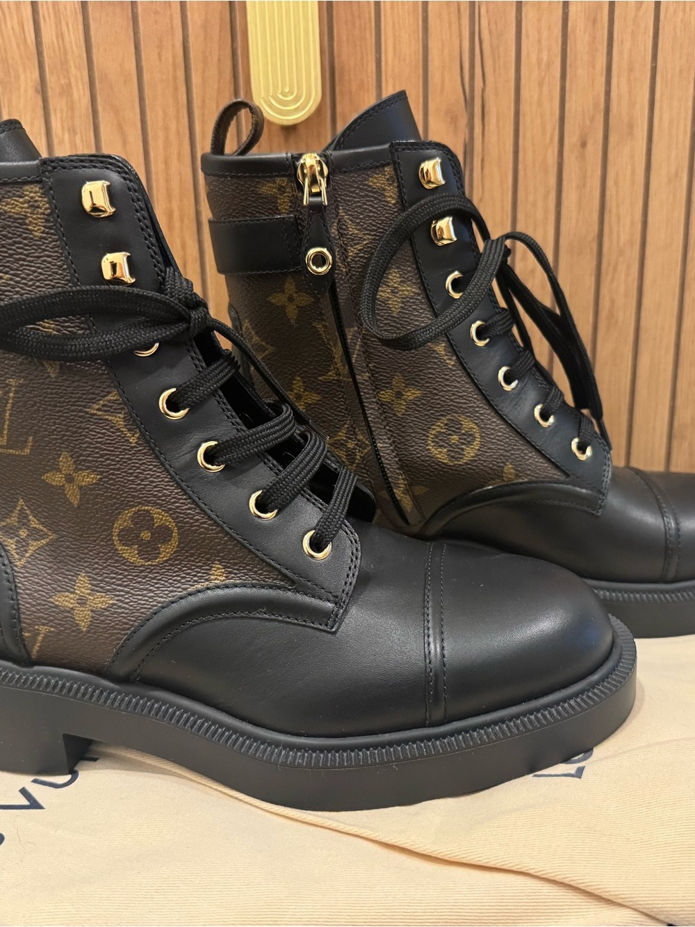 Louis Vuitton Black & Brown Monogram Lace-Up Combat Boots - Women's - Picture 2 of 12